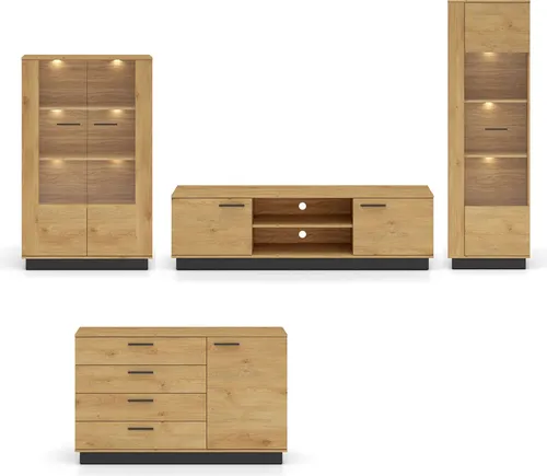 Wohnwand Modesto Wohnzimmer-Set Ausführung wählbar Eiche Style hell schwarz,mit Beleuchtung,4-teilig (2 Vitrinen,Lowboard,Kommode)