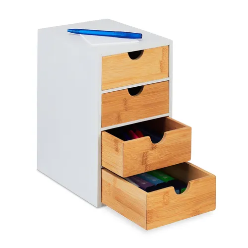 Schubladenbox aus Bambus – Schreibtisch Organizer für Büro - Ablagen & Sortierstationen: Praktische Mini Kommode mit 4 Fächern für optimale Ordnung und ein stilvolles Design aus Bambus.