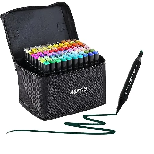 Ordeluxe 80 Farben Dual Tip Art Marker Set, Filzstifte für Erwachsene, Permanent Alkohol Marker Stifte für Zeichnen, Skizzieren, Anime, Manga, Graffiti mit Tragetasche und Aufbewahrungsbasis