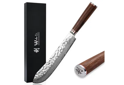 Wakoli Nussbaum Premium BBQ Blockmesser 30 cm - Kochmesser aus 67 Lagen Damaststahl mit Nussbaumholzgriff, extrem scharf und ideal für präzise Schnitte. Perfekt als Geschenk für Kochliebhaber!