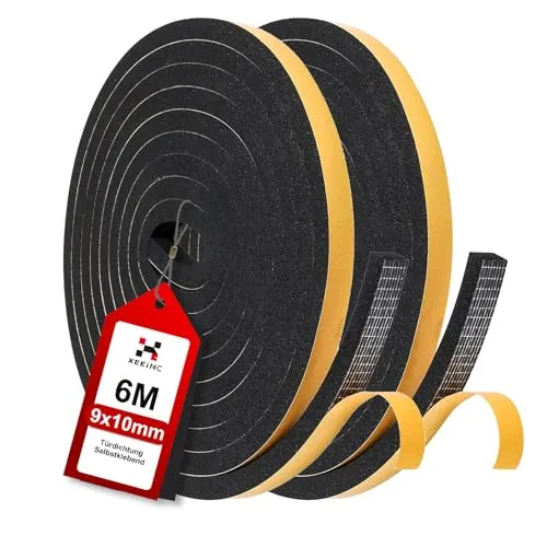 XEEINC 6M Dichtungsband Selbstklebend für Türen, 9mm(B) x 10mm(D) Schaumstoffband Türdichtung für Tür Fenster, Gegen Kalte Fensterdichtung, Anti Kollision/Schalldichter/Staubdicht - Schwarz