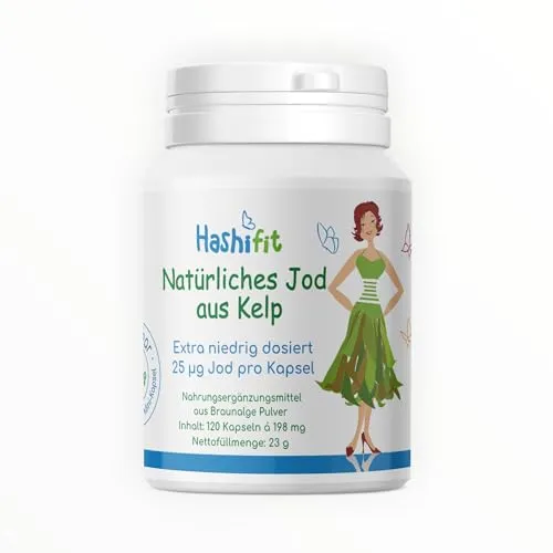 Hashifit Extra niedrig dosiert 25µg natürliches Jod aus Kelp bei Jodempfindlichkeit - Schilddrüse Hashimoto klein fein dosierbar - 120 Mini Kapseln