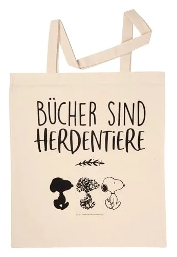United Labels The Peanuts Snoopy Stoffbeutel - Bücher sind Herdentiere Jutebeutel Tragetasche Baumwolltasche Beige Naturfarben