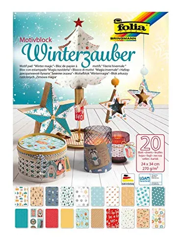 folia 49049 - Motivblock Winterzauber, 270 g/qm, ca. 24 x 34 cm, 20 Blatt sortiert in 20 verschiedenen Motiven - zum Basteln und kreativen Gestalten von Karten, Fensterbildern und für Scrapbooking