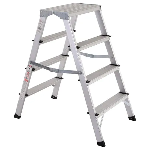 Trittleiter 2x4 Stufen aus Aluminium – klappbar & leicht - Leitern: TÜV/GS geprüfte Trittleiter mit rutschfesten Trittflächen, ideal für Haushalt, Küche und Camping – belastbar bis 150 kg und sofort einsatzbereit ohne Aufbau.