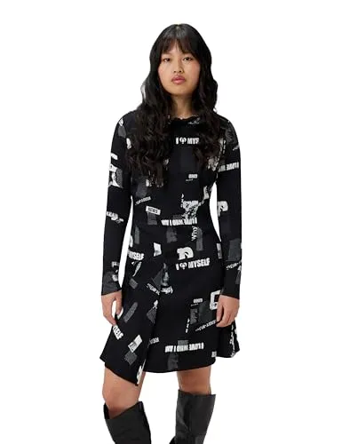 DESIGUAL ABITO CORTO DONNA NERO - Freizeitkleider für Damen, modisches Design mit Zeitungsdruck und figurbetonter Slim-Passform für einen trendigen Look.