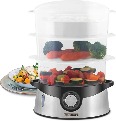 Heinrich´s Dampfgarer HDA 8501, 800 W - Dampfgarer mit 3 stapelbaren Etagen, 800 W Leistung und 60 min Timerfunktion für gesundes Garen in jeder Küche.