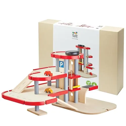 Plantoys Spiel-Parkgarage Parkhaus groß bunt - Rennbahnen, Parkhäuser & Zubehör - Farbenfrohes Parkhaus aus Holz, fördert die Kreativität und Motorik von Kindern ab 3 Jahren.