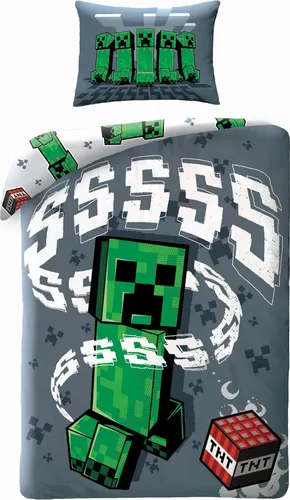 HALANTEX Minecraft Creeper Bettwäsche Set 140x200 cm - Bettwäsche Set aus 100% Baumwolle mit doppeltem Minecraft Creeper Design, perfekt für Kinder und Jugendliche. Maschinenwaschbar bei 40°C und ideal als Geschenk für jeden kleinen Minecraft-Fan.