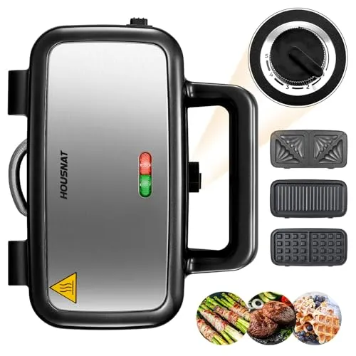 Waffeleisen 3 in 1 - 1200W Sandwichmaker und Kontaktgrill - Vielseitiger Sandwichmaker mit 5-Gang Temperaturregelung und Antihaftbeschichtung. Ideal für gesundes Kochen und perfekt gebräunte Waffeln, Sandwiches und mehr.
