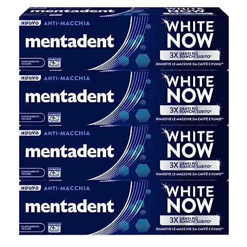 Mentadent White Now Zahnpasta gegen Fleckenbildung und Aufhellung, sofortige Wirkung gegen Flecken auf der Zähne, temporäre Aufhellung, 4 Flaschen à 75 ml