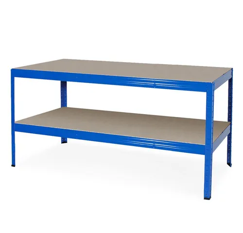 Arbeitstisch mit Fachboden, blau - Werkstatteinrichtung mit höhenverstellbarem Fachboden, stabil und tragfähig bis 350 kg pro Boden – ideal für Werkstätten und Hobbyräume.