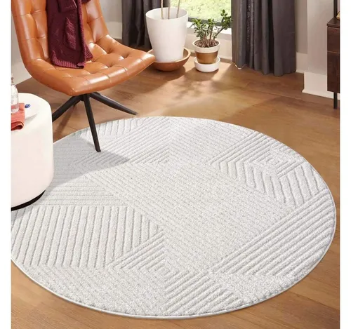 carpet city Kurzflor Teppich Creme - 120 cm Rund - Teppich für Wohnzimmer und Schlafzimmer mit 3D-Hochtief-Muster. Pflegeleicht, strapazierfähig und geeignet für Fußbodenheizung - das perfekte Wohnaccessoire!
