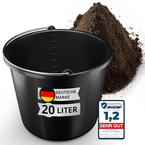 Oramics 20L Eimer mit Edelstahl Henkel – Baueimer Kübel für Zement und Mörtel – Stabiler Wassereimer, Mörteleimer mit Skala für Haushalt, Garten, Baustellen und Landwirtschaft (1x 20 Liter Putzeimer)