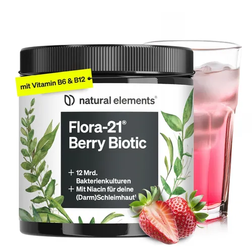 Natural Elements Flora 21 Berry Biotic Getränkepulver – 13 Bakterienstämme & Ballaststoffe – Erdbeergeschmack – 30 Portionen