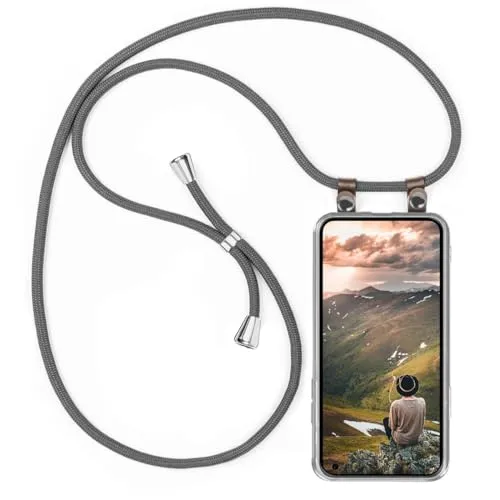moex Handykette für Nothing Phone (1) Hülle mit Band abnehmbar, Handyhülle mit Kette zum Umhängen, Handyband 155 cm lang Stoff Kordel Umhängehülle, Handy Umhängeband, Grau