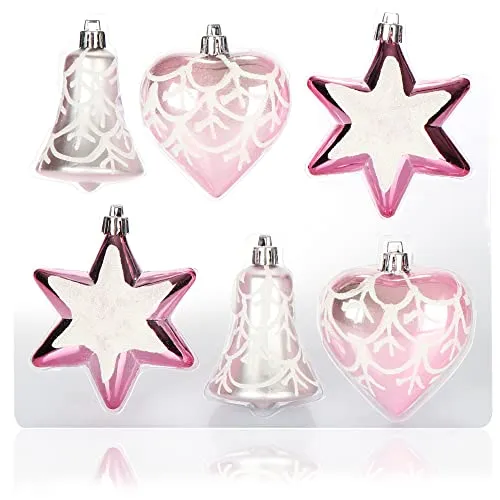 com-four® 6-teiliges Set Christbaumschmuck - Christbaumkugeln in verschiedenen Formen - Glocke, Herz und Stern zum Anhängen am Weihnachtsbaum (rosa/silberfarben)