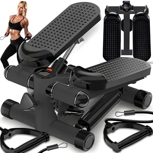 Retoo Stepper für Zuhause mit LCD Display & Widerstandsbändern, Stepper bis 100 kg, Ganzkörpertraining für Beine & Arme, Kompaktes Fitnessgerät mit Hydrauliksystem, Schwarz