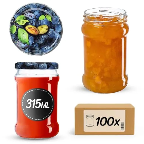 KADAX 100st Einmachgläser 315 ml mit fi66 mm Schraubdeckel für Honig, Dessert, Marmeladen | Luftdichte Gläschen, Einmachglas, Rundgläser, Konfitürengläser, Honiggläser (100 Stück, Pflaumen)