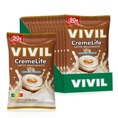VIVIL Creme Life Latte Macchiato, 15 Beutel, kräftige Sahnebonbons mit Kaffeegeschmack, zuckerfrei & glutenfrei, 15 x 90g