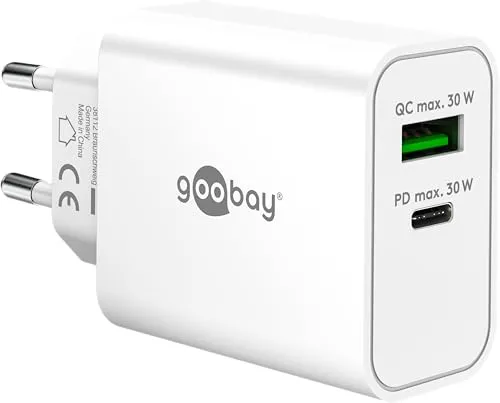goobay 30W USB C Ladegerät, GaN Dual Port Schnellladegerät mit Power Delivery & Quick Charge, Kompakter USB Netzteil Ladestecker Adapter für iPhone, Samsung Galaxy, Tablet, Kopfhörer, Weiß - 75336