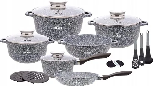 Zilner Schöne graue Töpfe mit Marmorbeschichtung 17 Elemente Topfset Induktion, Töpfe beschichtet, Kochtopf Set| Kochgeschirr Set, Topfset induktionsgeeignet ZL-007060
