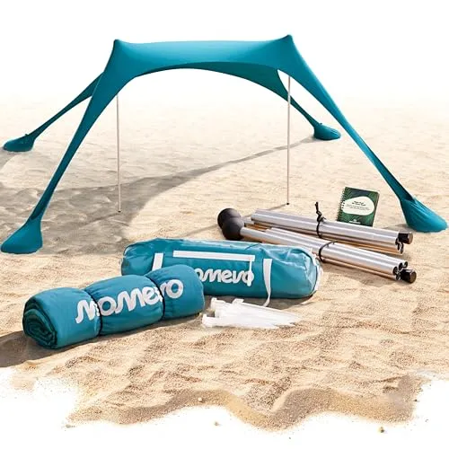 MOMEVO Sunsail Young Family Strandzelt - UV-Schutz Sonnensegel für bis zu 4 Personen, petrolblau - Strandmuschel mit 5x5 Meter Schattenfläche, ideal für Familien. Leicht, robust und mit zertifiziertem UV Schutz UPF50+, perfekt für Strand- und Parkausflüge.