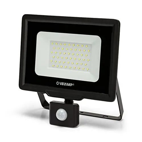 Velamp IS768-5-6500K LED-Strahler mit Bewegungsmelder, 50 W, 4000 Lumen, Kaltweiß (6500 K), IP44 für Garten, Hof, 50 W, Schwarz
