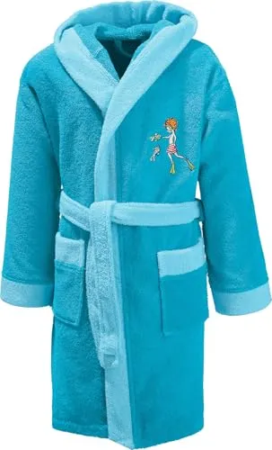 Erwin Müller Kinder-Bademantel mit Kapuze Frottier türkis Größe 158/164 - weich, hautfreundlich, mit aufgesetzten Taschen, Bindegürtel, Taucher-Stickerei