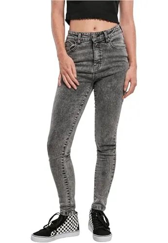 Urban Classics Damen High Waist Skinny Jeans - Black Heavy Acid Washed - Jeans im Skinny Fit mit hohem Bund, der deine Kurven optimal in Szene setzt. Aus weichem Stretch-Denim, ideal für einen lässigen, urbanen Look.