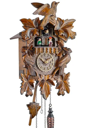 Eble Dreivogel Kuckucksuhr 39 cm - Echtholz, batteriebetrieben - Klassische Kuckucksuhr aus massivem Holz mit handgeschnitzten Vögeln. Genießen Sie den Kuckuckruf und 12 Melodien mit automatischer Nachtabschaltung. Perfekt für stilvolle Wanddekoration.