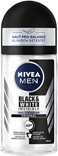 Nivea Men Invisible for Black White Deo Roll On Antitranspirant Roller verhindert Flecken auf der Kleidung Deodorant mit 48h Schutz, maskulin, 50 ml