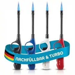 TOM Stabfeuerzeug | Sturmfeuerzeug | Jet-Flamme | 4er Set | Nachfüllbar | 28,3cm Stab
