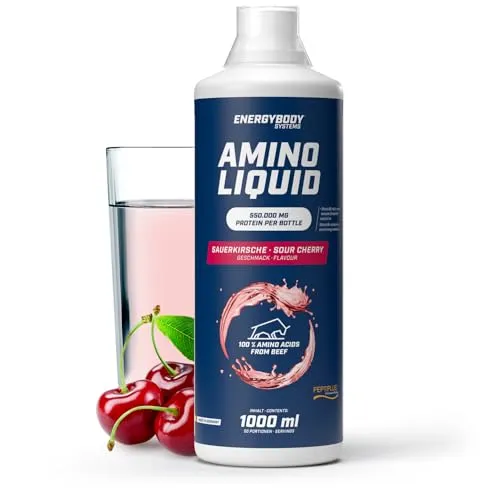 Energybody Amino Liquid Sauerkirsch 1 L - Leckeres Aminosäuren Liquid mit hohem Proteingehalt aus Rinderprotein. Ideal für den Muskelaufbau und als Workout-Begleiter. Vor oder nach dem Training genießen!