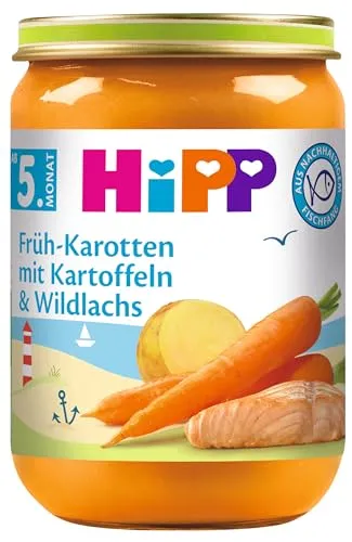HiPP Früh-Karotten mit Kartoffeln und Wildlachs (6 x 190g), Menü ab 5. Monat, mit Omega-3, aus nachhaltigem Fischfang