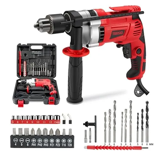 TEENO Elektrische Schlagbohrmaschine 910 W, kabelgebundene Schnur Schlagbohrer 0–3000 U/min mit 38 Zubehör, Bohrfutter 13 mm, 360° Drehgriff, Variabler Geschwindigkeitsknopf, Ziegel, Holz, Stahl