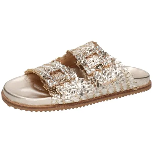 Melvin & Hamilton Pantoletten Damen Eve 1 Gold – Bequem und stilvoll - Wanderschuhe mit flachen 2 cm Absätzen, gefertigt aus hochwertigem gewebtem Kalbsleder für optimalen Komfort und Eleganz.