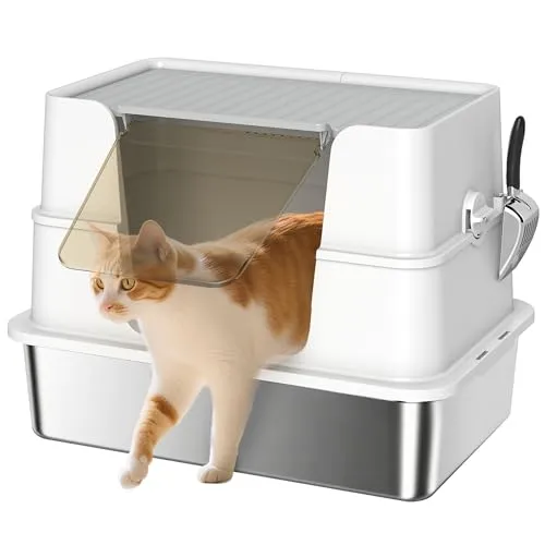 PawHut Katzentoilette XL aus Edelstahl mit Deckel - Tiertoiletten für große Katzen bis 15 kg, aus kratzfestem Edelstahl für einfache Pflege und weniger Geruchsbildung dank geschlossenen Deckels und Lüftungsöffnungen.