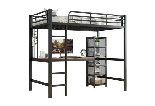 SOFTWEARY Hochbett mit Regal und Schreibtisch (90x200 cm) Metallbett mit Rausfallschutz und Lattenrost