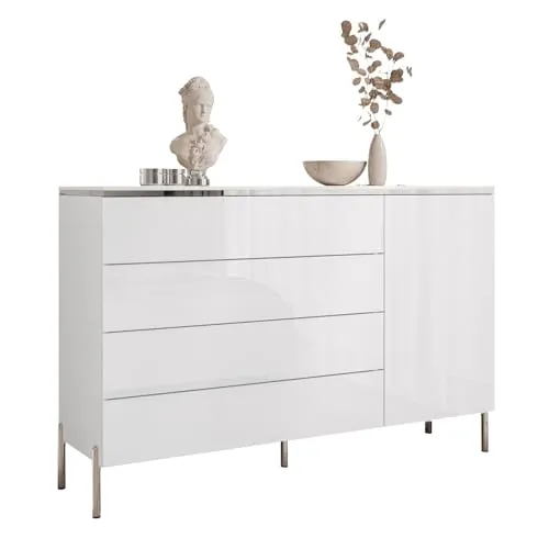 Kommode AURORA SILVER 1D4S - Elegante Chrombeine für stilvolles Wohnen - Kommode in Hochglanz mit 4 Schubladen und Schrank, bietet viel Stauraum und verleiht jedem Raum einen raffinierten Charme.