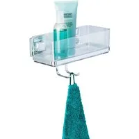 WENKO Vacuum-Loc® Wandablage Quadro Edelstahl mit Haken - Badablage aus rostfreiem Edelstahl für zusätzlichen Stauraum, einfach ohne Bohren anbringbar und bis zu 33 kg belastbar – ideal für jedes Badezimmer.