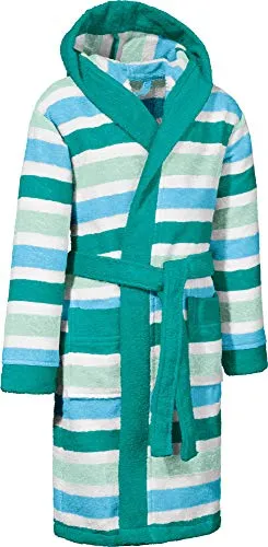 Erwin Müller Kinderbademantel mit Kapuze - Flauschiger Walk-Frottier Bademantel für Kinder, 71 cm Rückenlänge, ideal zum Kuscheln nach dem Baden. Mit praktischer Kapuze und bunten Streifen für einen fröhlichen Look.