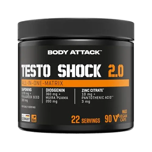 Body Attack Testo Shock 2.0 - 1er Pack (96 g) - Optimale Unterstützung für aktive Lebensstile. Mit Zink und B-Vitaminen zur Erhaltung der Energie. Hochwertige Pflanzenextrakte sorgen für eine wertvolle Ergänzung.