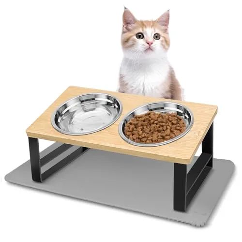 Otauoaea Katzennapf Erhöht - Futternapf Katze Erhöht aus Edelstahl mit Napfunterlage Silikon - 15° Gekippte Ergonomischer Futterstation Katzen Napfset Hundenapf - 350ml Fressnapf und Wassernapf