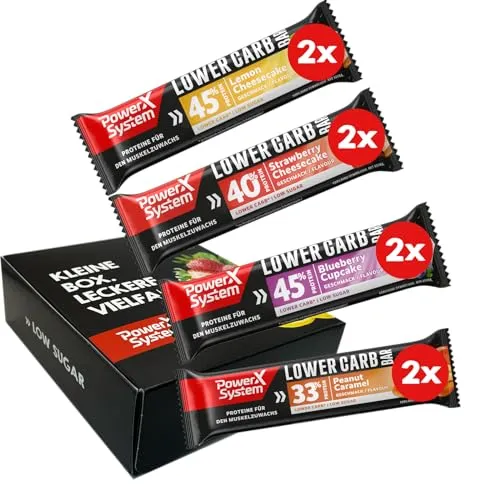 Power System Probier-Set Lower Carb 8 x Protein Riegel Zitrone, Erdbeer, Blaubeere, Peanut Caramel Low Sugar