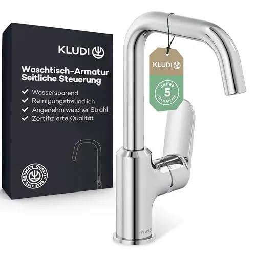 KLUDI-X1 Waschtischarmatur - 360° schwenkbar, Chrom - Waschraumarmaturen mit edlem Design und langlebiger Keramikkartusche. Der 360° schwenkbare Auslauf ist ideal zum Haarewaschen und der wassersparende Strahlregler reduziert den Wasserverbrauch.
