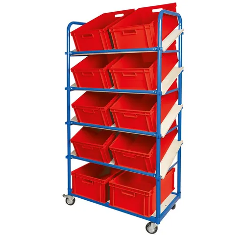 BRB-Lagertechnik Regaltransportwagen Schrägbodenwagen 5 Ebenen, 4 Lenkrollen, 10 Euroboxen 600x400x220 mm
