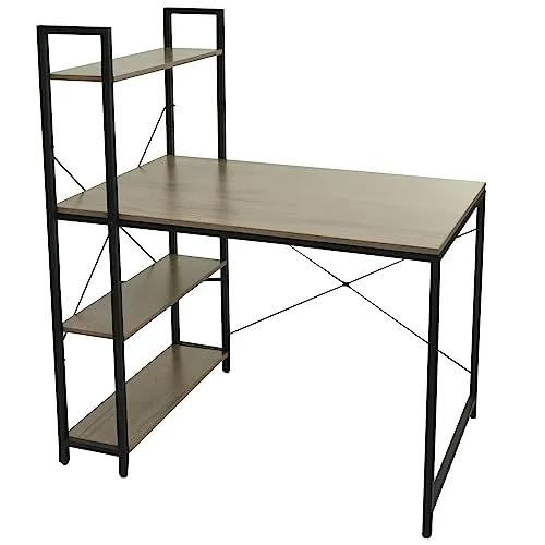 PROREGAL Schreibtisch mit Regal, HxBxT 120x100x60 cm, Metall MDF, Grau-Braun, Laptoptisch Bürotisch Arbeitstisch