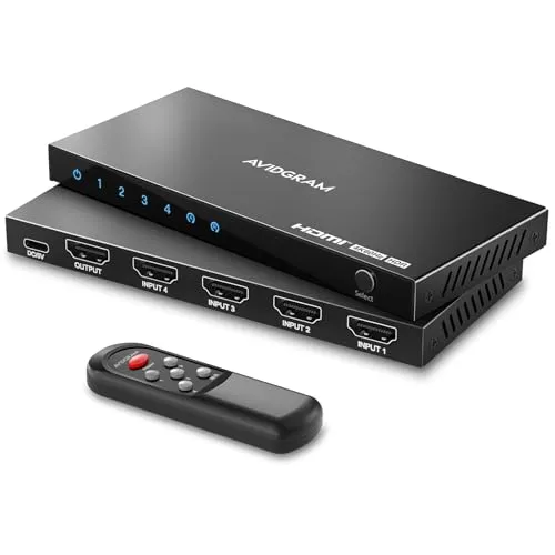 HDMI Switch 4K 60Hz, AVIDGRAM HDMI 2.0 Umschalter 4 in 1 Out, 4 Port Selector Box with IR Remote Control Support HDCP 2.2 HDR10 3D 18Gbps Compatible with Xbox PS4 HDTV Monitor