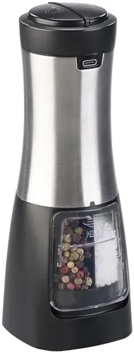 Rosenstein & Söhne Gewürzmühle Akku: 2in1-Akku-Salz- & Pfeffermühle mit zwei getrennten Kammern, silber (Pfeffermühle Keramikmahlwerk, Salz-Pfeffer-Mühle 2in1, Salzstreuer)